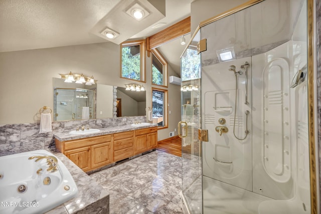 1445 Austrian Pine Rd, Reno, NV 89511 - full bathroom featuring a shower stall, a jetted tub, lofted ceiling, vanity, and marble finish flooring