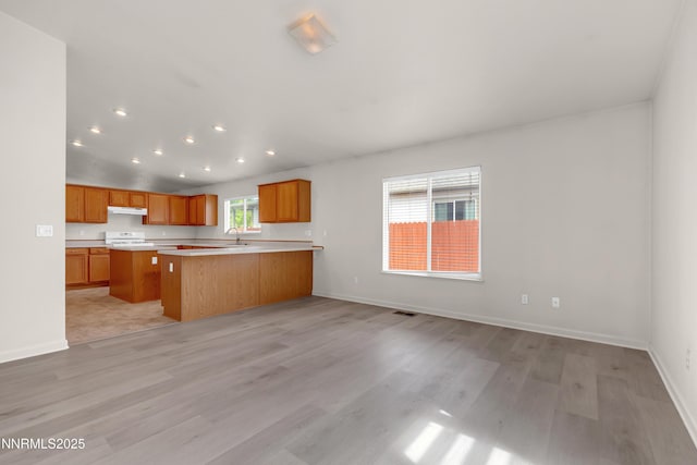 17330 Desert Lake Dr, Reno, NV 89508 - kitchen with light countertops, a sink, light wood-style flooring, open floor plan, and brown cabinets