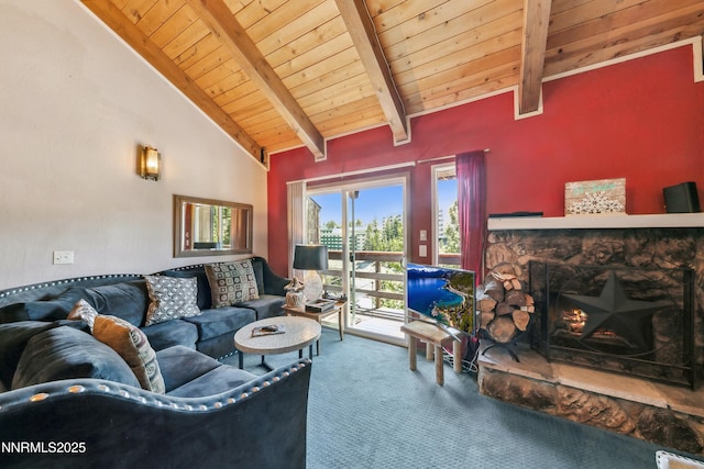 383 Tramway Dr Unit B, Stateline, NV 89449 - carpeted living area featuring wooden ceiling with exposed beams, a stone fireplace, and high vaulted ceiling
