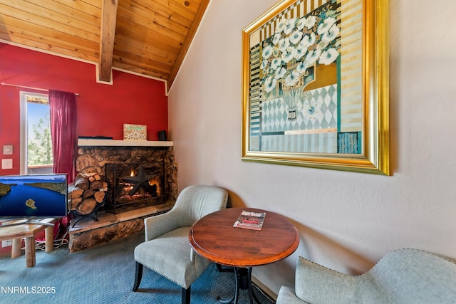 383 Tramway Dr Unit B, Stateline, NV 89449 - living area featuring carpet flooring, wooden ceiling, and a fireplace