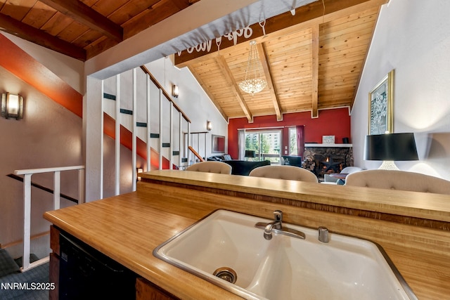 383 Tramway Dr Unit B, Stateline, NV 89449 - kitchen featuring wood ceiling, a sink, black dishwasher, and open floor plan