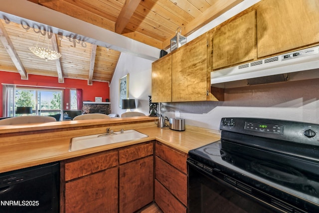 383 Tramway Dr Unit B, Stateline, NV 89449 - kitchen featuring black appliances, wooden ceiling, under cabinet range hood, a sink, and wooden counters