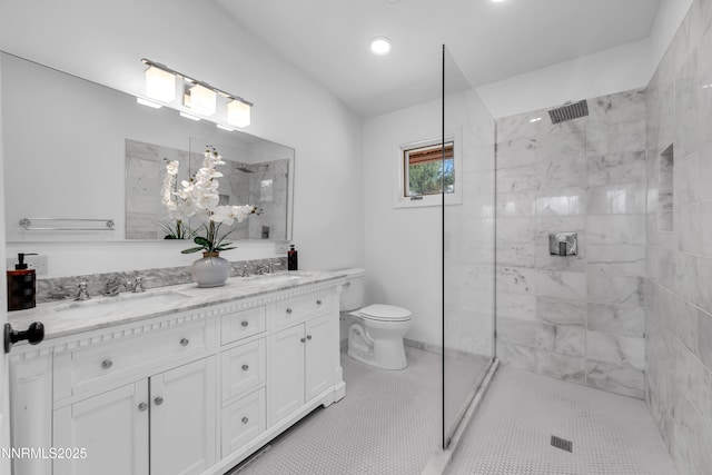 4360 Slide Mountain Cir, Reno, NV 89511 - full bath featuring tiled shower, double vanity, tile patterned floors, toilet, and recessed lighting