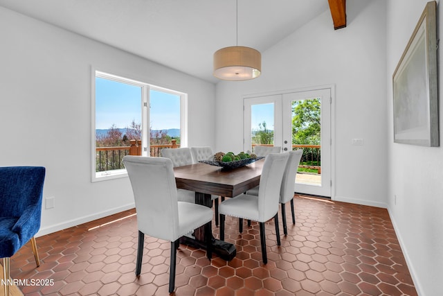 4360 Slide Mountain Cir, Reno, NV 89511 - dining room with baseboards, high vaulted ceiling, and beamed ceiling