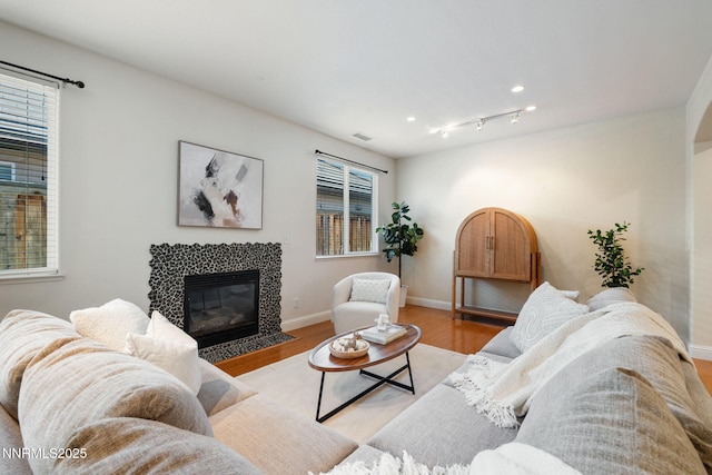 11285 Messina Way, Reno, NV 89521 - living area featuring a fireplace, wood finished floors, baseboards, and recessed lighting