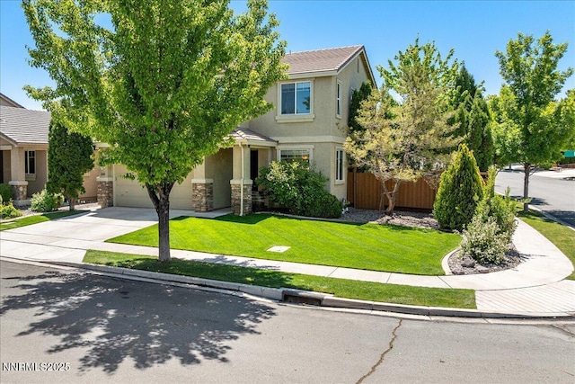 2349 Dodge Dr, Sparks, NV 89436 - view of property hidden behind natural elements with driveway, a garage, stone siding, stucco siding, and a front lawn