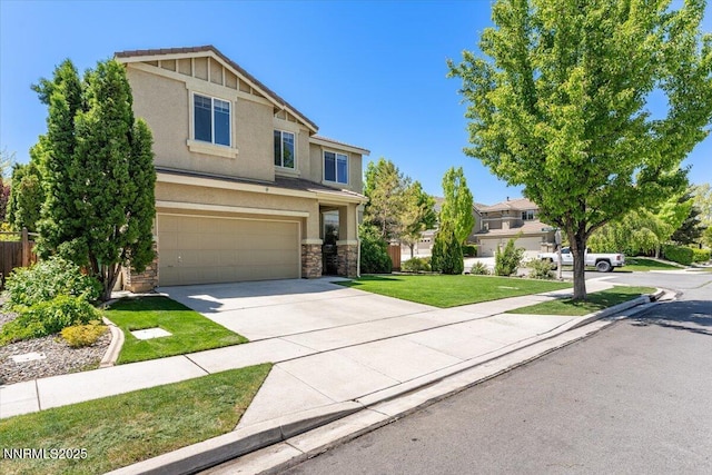 2349 Dodge Dr, Sparks, NV 89436 - craftsman inspired home with stone siding, an attached garage, stucco siding, concrete driveway, and a front yard