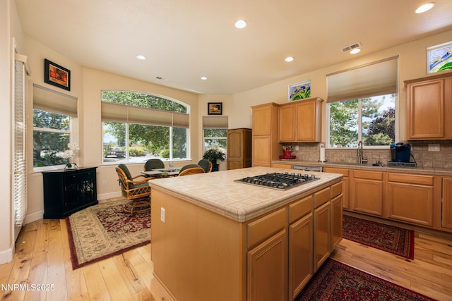 1601 Jones St, Minden, NV 89423 - kitchen with appliances with stainless steel finishes, tile countertops, a sink, tasteful backsplash, and light wood finished floors