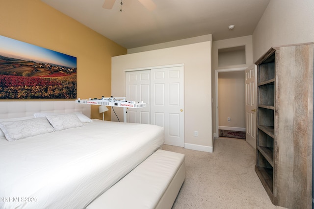 1601 Jones St, Minden, NV 89423 - bedroom featuring light carpet, a closet, a ceiling fan, and baseboards