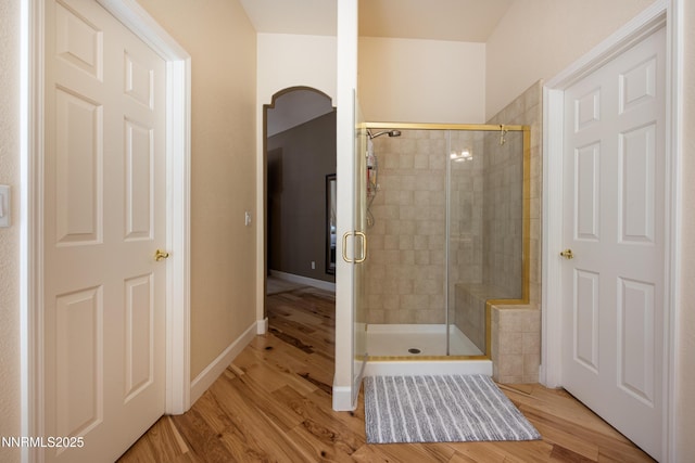 1601 Jones St, Minden, NV 89423 - bathroom with wood finished floors and a shower stall