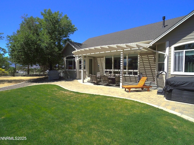1601 Jones St, Minden, NV 89423 - back of property featuring a pergola, a patio, a yard, and a shingled roof