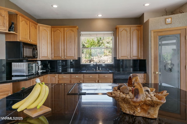 6 Canyon Dr, Carson City, NV 89703 - kitchen with a sink, black microwave, decorative backsplash, recessed lighting, and open shelves