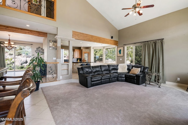 6 Canyon Dr, Carson City, NV 89703 - living room with high vaulted ceiling, a ceiling fan, light tile patterned floors, a chandelier, and recessed lighting