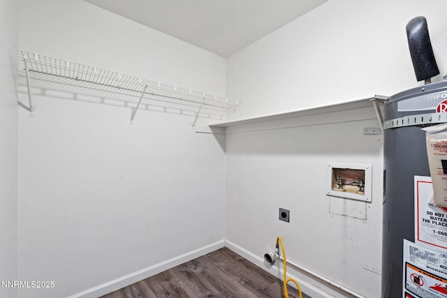 1821 Fargo Way, Sparks, NV 89434 - laundry area featuring electric dryer hookup, hookup for a washing machine, dark wood-style floors, baseboards, and gas water heater