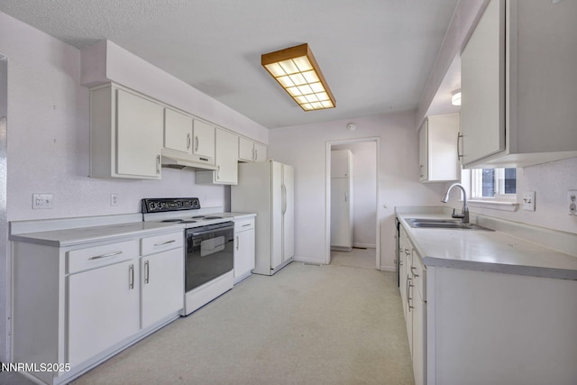11815 Mistletoe St, Reno, NV 89506 - kitchen with white appliances, a sink, under cabinet range hood, white cabinetry, and light countertops