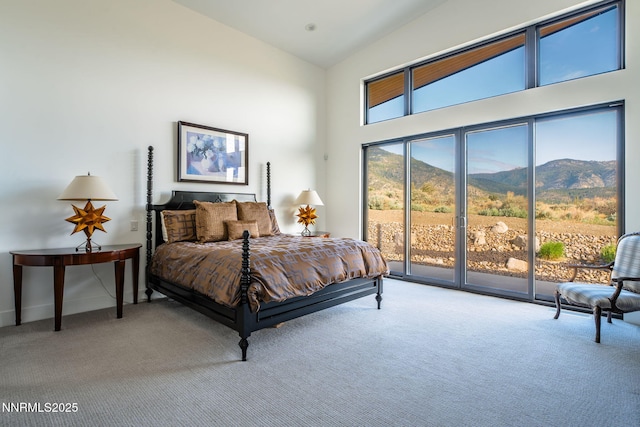 310 James Canyon Loop, Genoa, NV 89411 - bedroom featuring carpet floors, a mountain view, access to outside, high vaulted ceiling, and baseboards