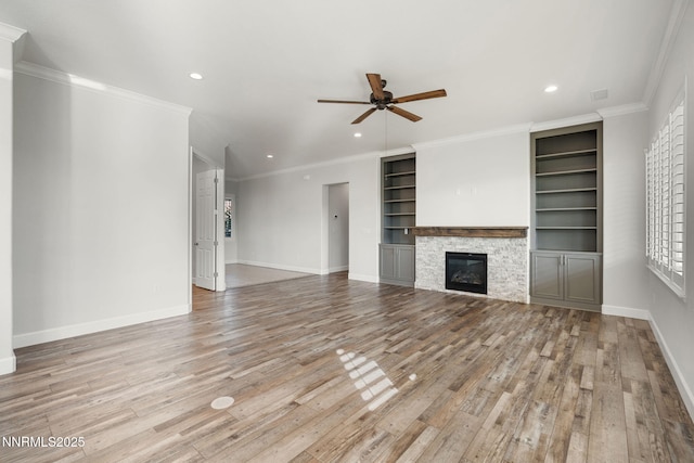 11621 Desert Shadow Dr, Sparks, NV 89441 - unfurnished living room with ceiling fan, wood finished floors, a fireplace, baseboards, and recessed lighting
