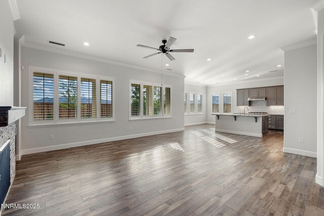11621 Desert Shadow Dr, Sparks, NV 89441 - unfurnished living room with ornamental molding, ceiling fan, a stone fireplace, recessed lighting, and dark wood finished floors