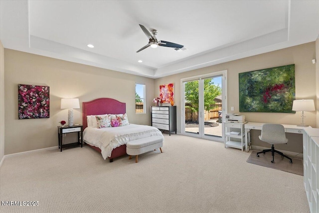 9822 Dyevera Ln, Reno, NV 89521 - carpeted bedroom with a raised ceiling, an office area, access to outside, recessed lighting, and a ceiling fan