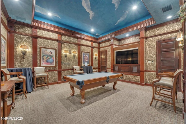 900 S Meadows Pkwy Unit 5222, Reno, NV 89521 - playroom with billiards, carpet floors, recessed lighting, wallpapered walls, and crown molding