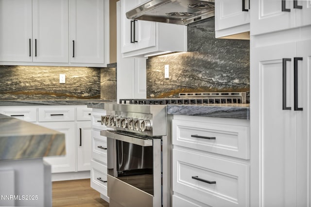 2965 Roundrock Ct, Reno, NV 89511 - kitchen with under cabinet range hood, stainless steel electric range, backsplash, white cabinets, and wood finished floors