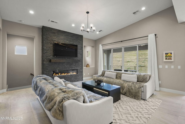 9129 Wild Skies Way, Reno, NV 89523 - living room with healthy amount of natural light, a fireplace, baseboards, a chandelier, and recessed lighting