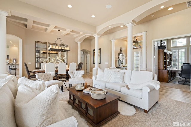 5330 Ventana Pkwy, Reno, NV 89511 - living area with decorative columns, coffered ceiling, recessed lighting, beamed ceiling, and arched walkways