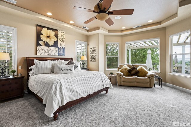 5330 Ventana Pkwy, Reno, NV 89511 - bedroom with a raised ceiling, carpet, recessed lighting, baseboards, and a ceiling fan