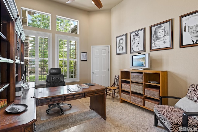 5330 Ventana Pkwy, Reno, NV 89511 - office area featuring ceiling fan, a towering ceiling, and carpet floors