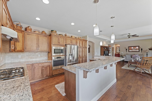 1004 Keystone Ct, Gardnerville, NV 89460 - kitchen with appliances with stainless steel finishes, arched walkways, under cabinet range hood, open floor plan, and tasteful backsplash
