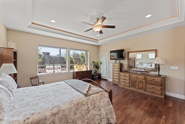1004 Keystone Ct, Gardnerville, NV 89460 - bedroom featuring a tray ceiling, dark wood-type flooring, recessed lighting, baseboards, and ornamental molding