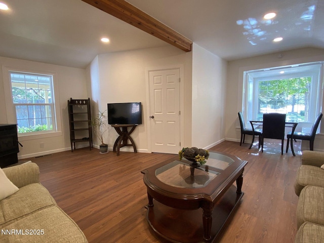 1303 N Division St, Carson City, NV 89703 - living room featuring baseboards, wood finished floors, lofted ceiling, and recessed lighting