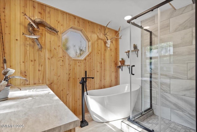 1235 Koontz Ln, Carson City, NV 89701 - bathroom featuring a soaking tub, a shower stall, and wood walls