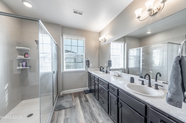 1845 Sea Horse Rd Unit C, Reno, NV 89521 - full bathroom featuring plenty of natural light, double vanity, a shower stall, and wood finished floors