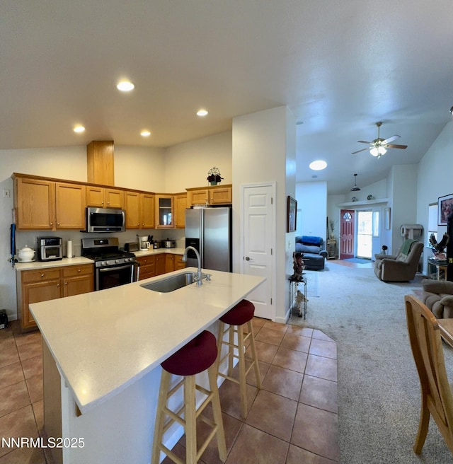 1332 Brooke Way, Gardnerville, NV 89410 - kitchen featuring stainless steel appliances, a sink, tile patterned floors, carpet flooring, and glass insert cabinets