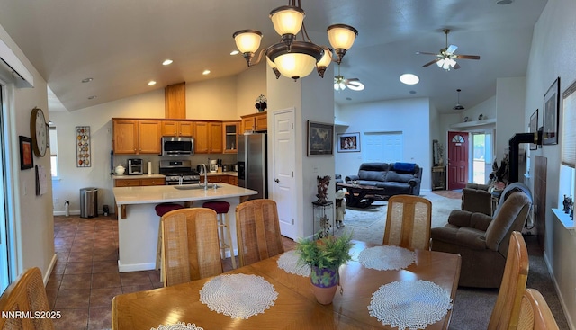 1332 Brooke Way, Gardnerville, NV 89410 - dining space with high vaulted ceiling, ceiling fan, tile patterned flooring, baseboards, and recessed lighting