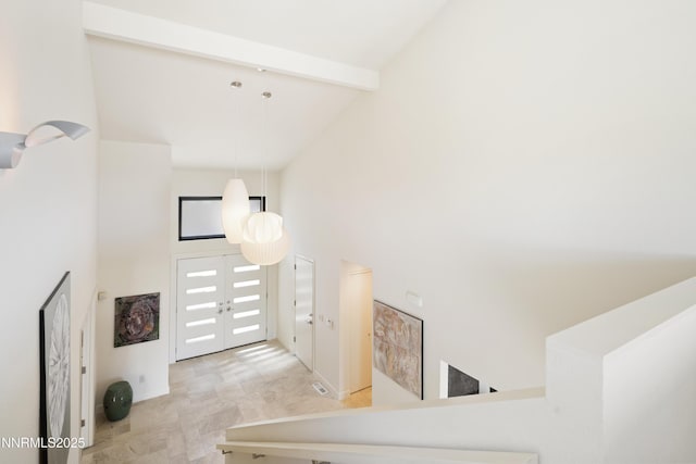 2260 Stone Mountain Cir, Reno, NV 89519 - stairway featuring high vaulted ceiling and beamed ceiling