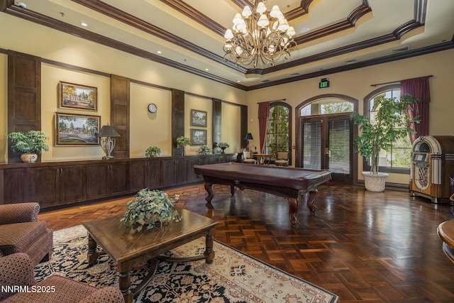 9900 Wilbur May Pkwy Unit 2406, Reno, NV 89521 - game room featuring pool table, crown molding, a chandelier, and a raised ceiling