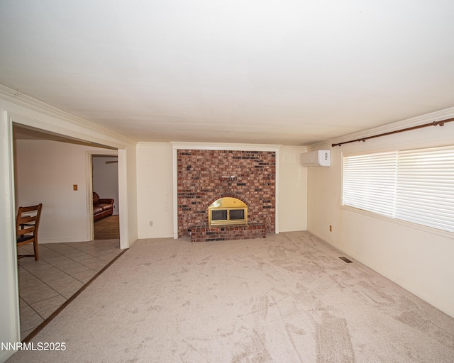 9100 Wigwam Way, Reno, NV 89506 - unfurnished living room featuring an AC wall unit, carpet flooring, and ornamental molding