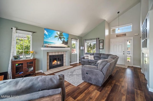 1061 Aimee Ln, Fallon, NV 89406 - living room with wood finished floors, a tile fireplace, baseboards, and high vaulted ceiling