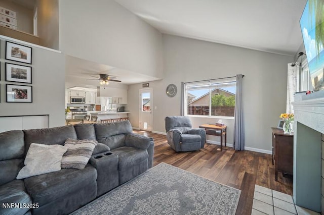 1061 Aimee Ln, Fallon, NV 89406 - living room with ceiling fan, wood finished floors, high vaulted ceiling, baseboards, and a fireplace