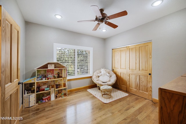 14501 Quail Rock Ct, Reno, NV 89511 - recreation room with wood finished floors, a ceiling fan, baseboards, and recessed lighting
