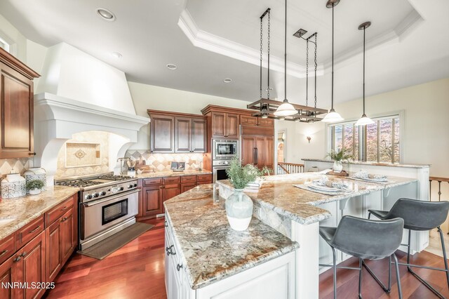 14200 Wild Quail Ct, Reno, NV 89511 - kitchen featuring built in appliances, a raised ceiling, dark wood-style floors, a spacious island, and recessed lighting