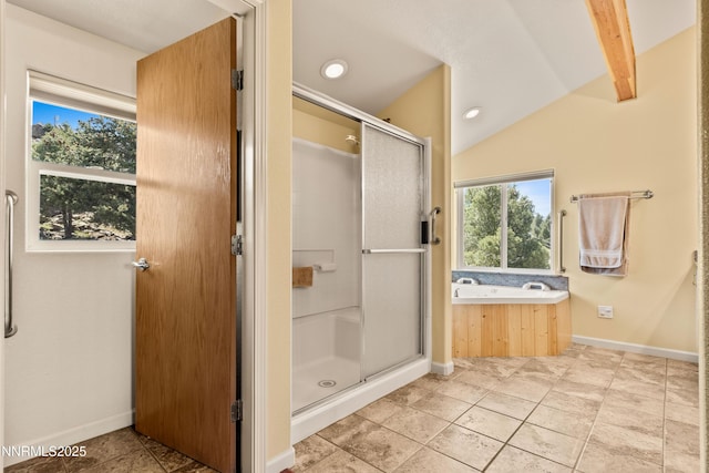 2140 Conestoga Rd, Reno, NV 89521 - full bath with a shower stall, healthy amount of natural light, lofted ceiling, tile patterned floors, and recessed lighting