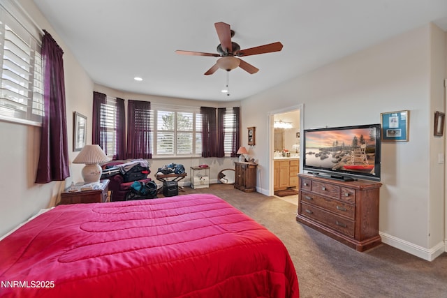 1184 Stephanie Way, Minden, NV 89423 - carpeted bedroom featuring connected bathroom, baseboards, recessed lighting, and ceiling fan