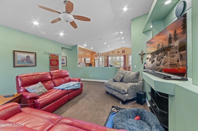 1184 Stephanie Way, Minden, NV 89423 - living area with carpet, vaulted ceiling, recessed lighting, ceiling fan, and baseboards