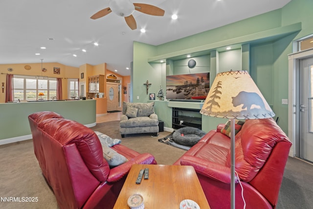 1184 Stephanie Way, Minden, NV 89423 - living area featuring carpet floors, lofted ceiling, ceiling fan, plenty of natural light, and recessed lighting