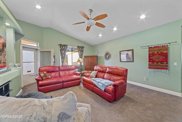 1184 Stephanie Way, Minden, NV 89423 - living room with ceiling fan, vaulted ceiling, recessed lighting, carpet, and baseboards