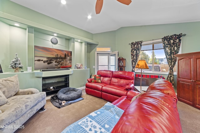 1184 Stephanie Way, Minden, NV 89423 - living area with carpet flooring, lofted ceiling, ceiling fan, and recessed lighting