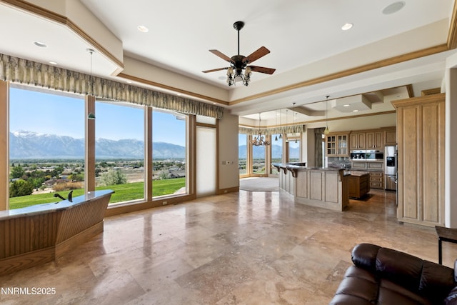 1103 Cortez Ln, Gardnerville, NV 89410 - living room featuring a ceiling fan, a mountain view, and recessed lighting